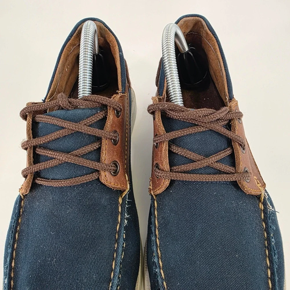 HITCHCOCK WIDE BOAT SHOES MENS SIZE 7 3E NAVY BLUE BROWN LEATHER CANVAS LACE UP